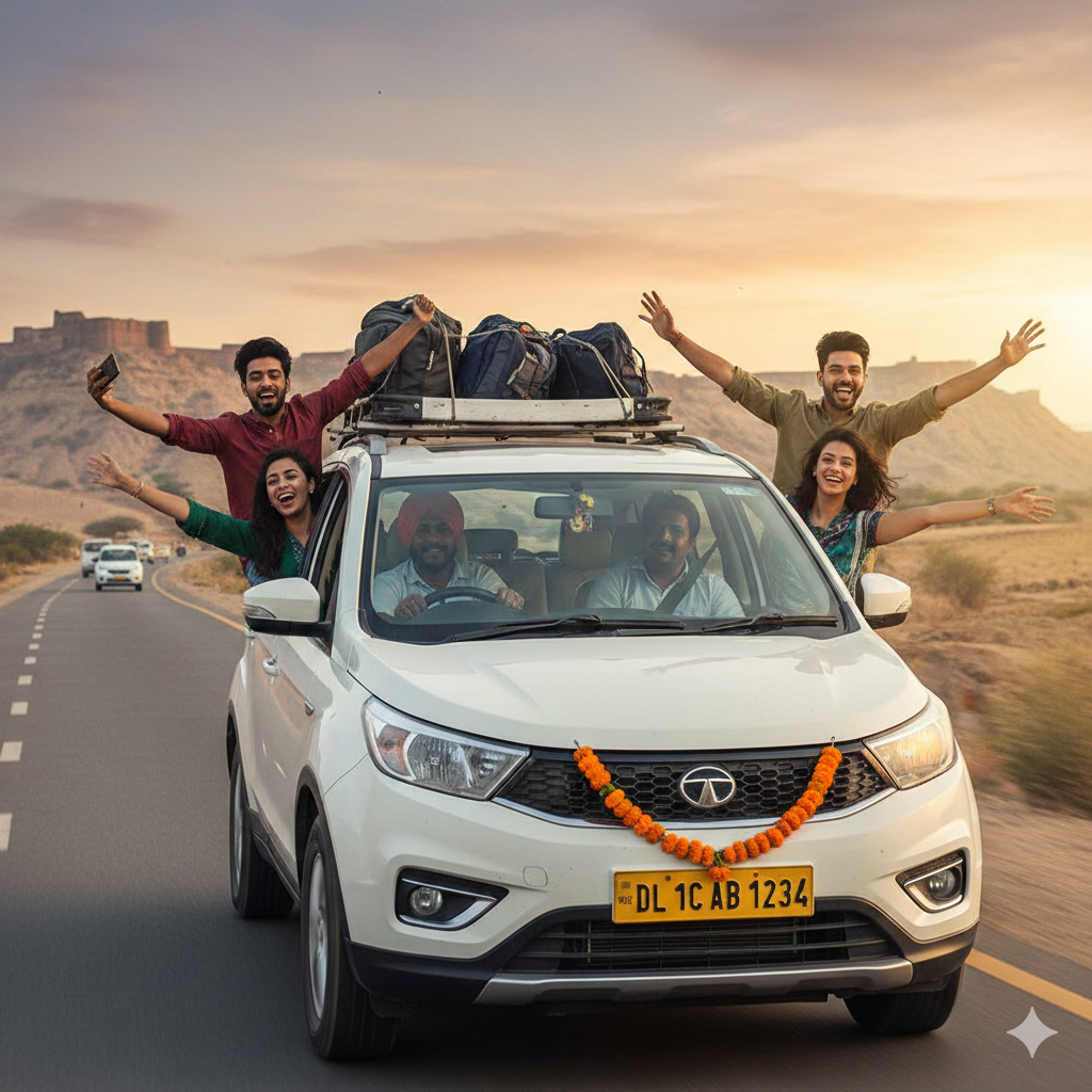 Om Sai Travels happy customer with rental car in Hubli