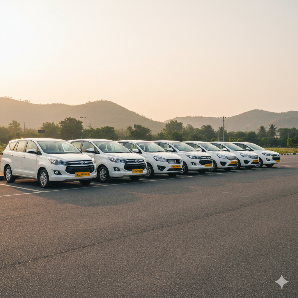 Om Sai Travels taxi service – premium sedan car on a scenic road in Hubli